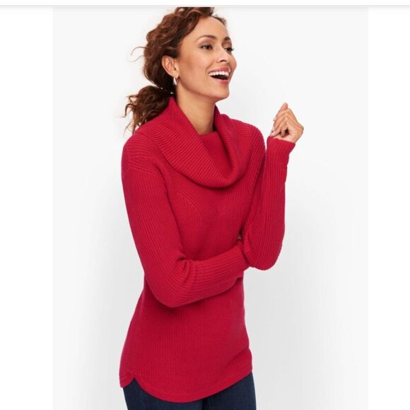 Talbots Classic Cotton Modal Cowlneck Sweater Red Ribbed Knit Cozy Size Medium - Picture 1 of 7